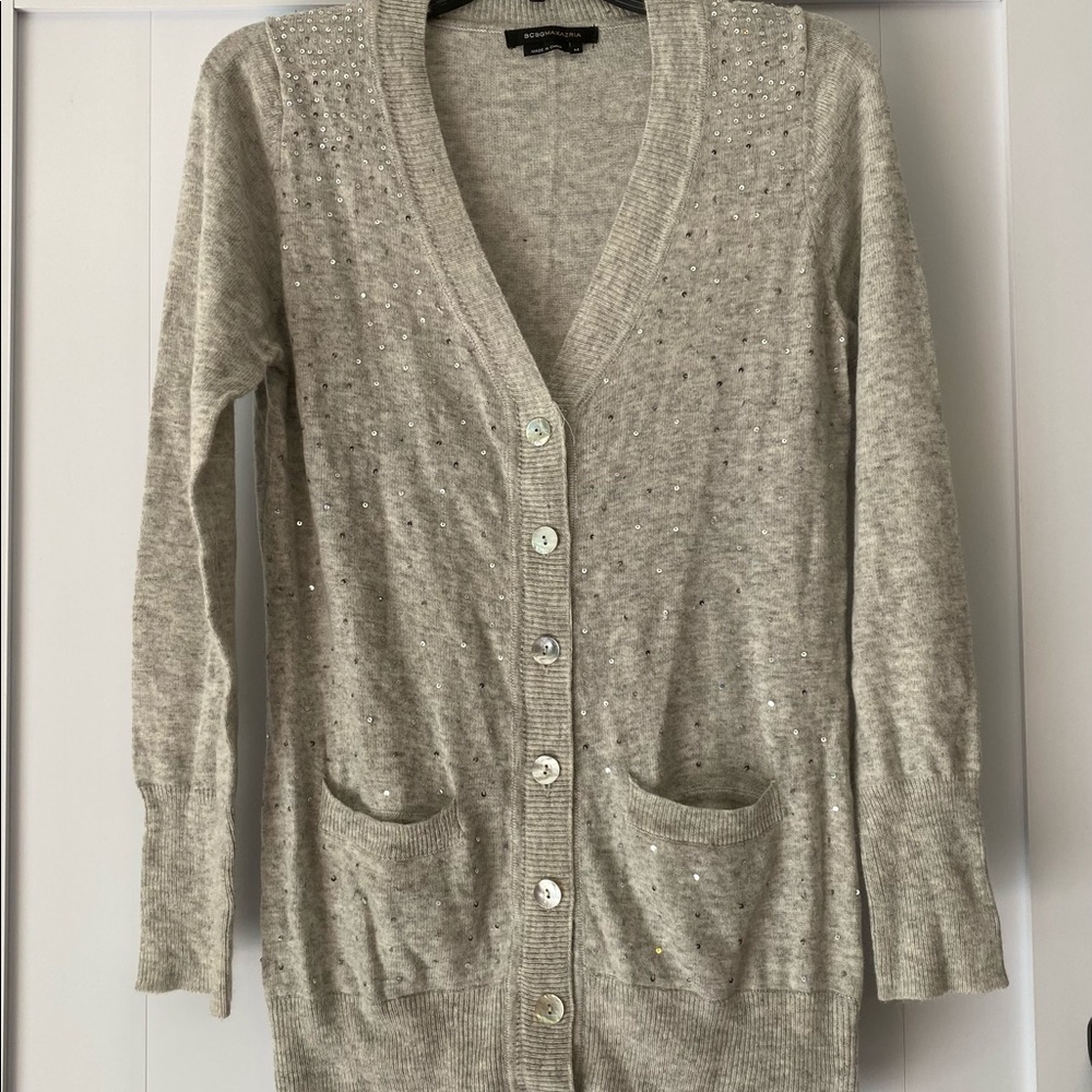 BCBG MaxAzria Gray Angora Sequin Tunic Cardigan Medium